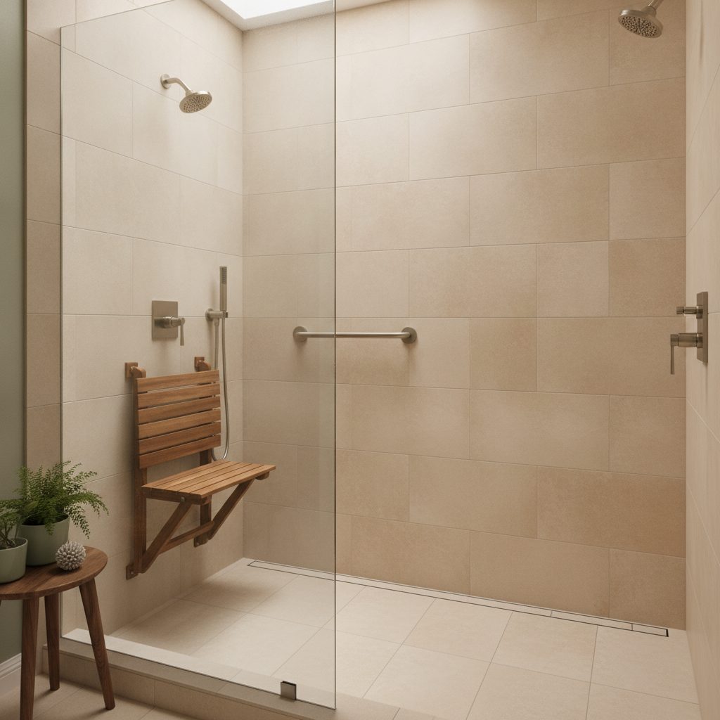A finished curbless walk-in shower with a teak bench, grab bar, and handheld showerhead installed by Live Oak Home Access in a Central Texas home