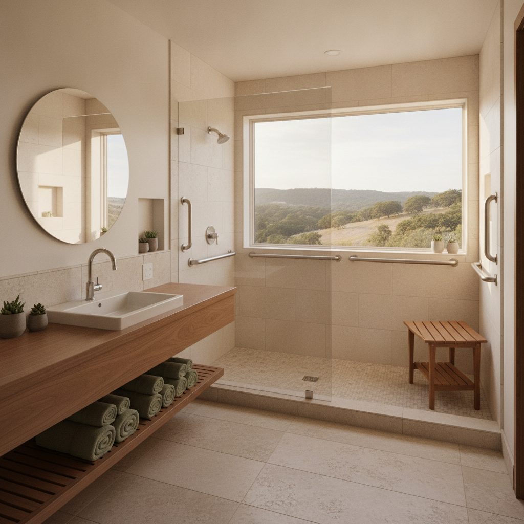 Curbless walk-in shower with grab bars in a Georgetown and Sun City, TX single-story home — accessible bathroom remodeling example