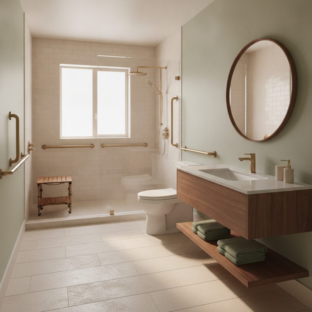 Completed accessible bathroom remodel in a Central Texas home — curbless roll-in shower with fold-down bench, chrome grab bars, comfort-height toilet, and slip-resistant porcelain tile