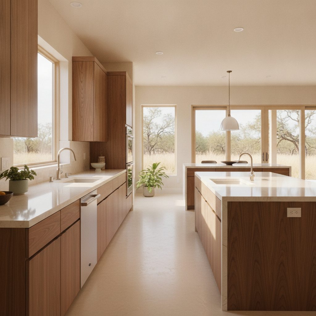 Accessible kitchen with open floor space and lowered counters for wheelchair access and ease of use