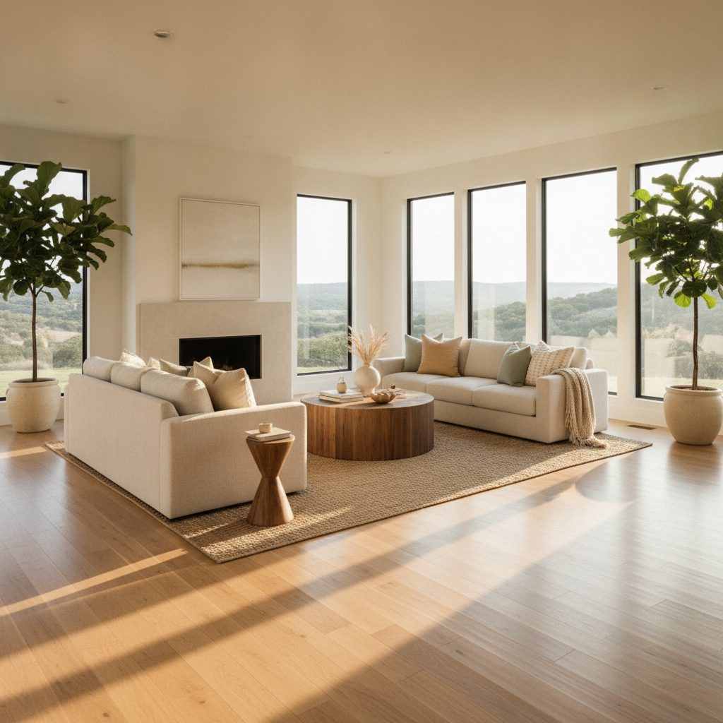 Bright, accessible living room with clear pathways and grab bar support in a Wimberley Hill Country home