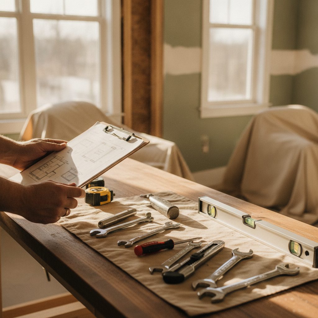 Live Oak Home Access craftsman reviewing aging-in-place renovation plans with hand tools laid out — Dripping Springs, Texas