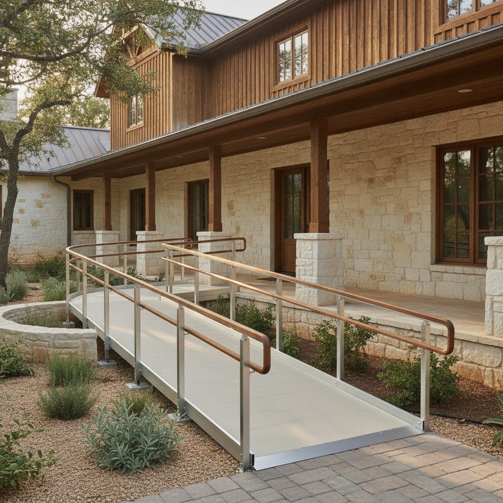 A modular aluminum wheelchair ramp at a Hill Country ranch home near Fredericksburg in Gillespie County, TX
