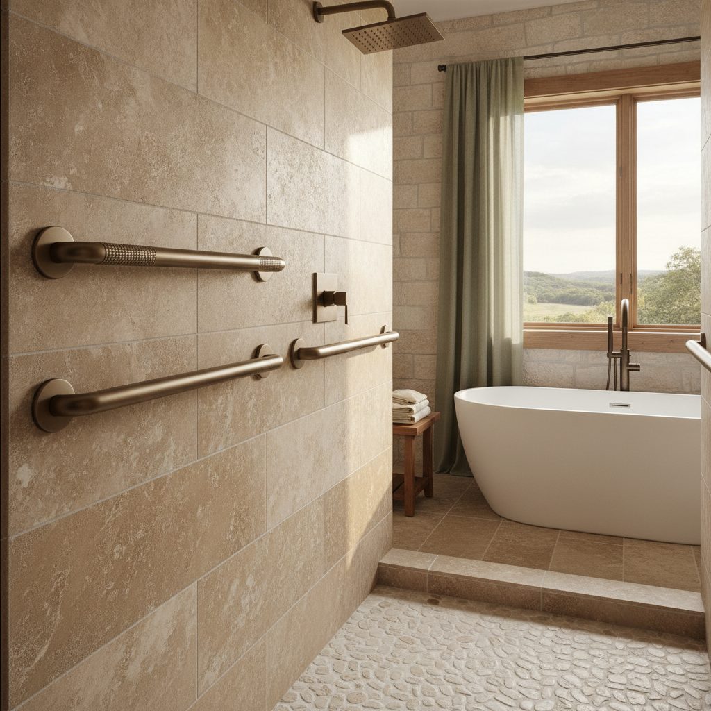 A finished curbless shower and grab-bar accessibility remodel in a limestone Hill Country cottage bathroom in Fredericksburg, TX
