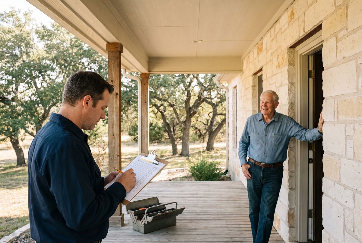A technician working through a written checklist on a porch while the homeowner talks with him from the doorway