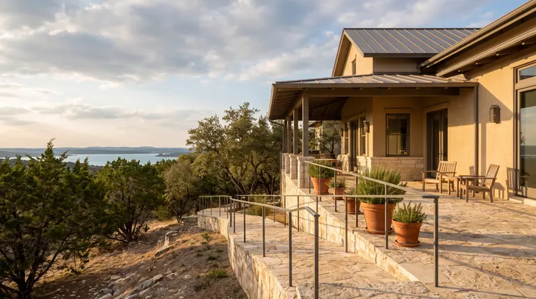 A stone home with a railed access path overlooking a wooded lake landscape