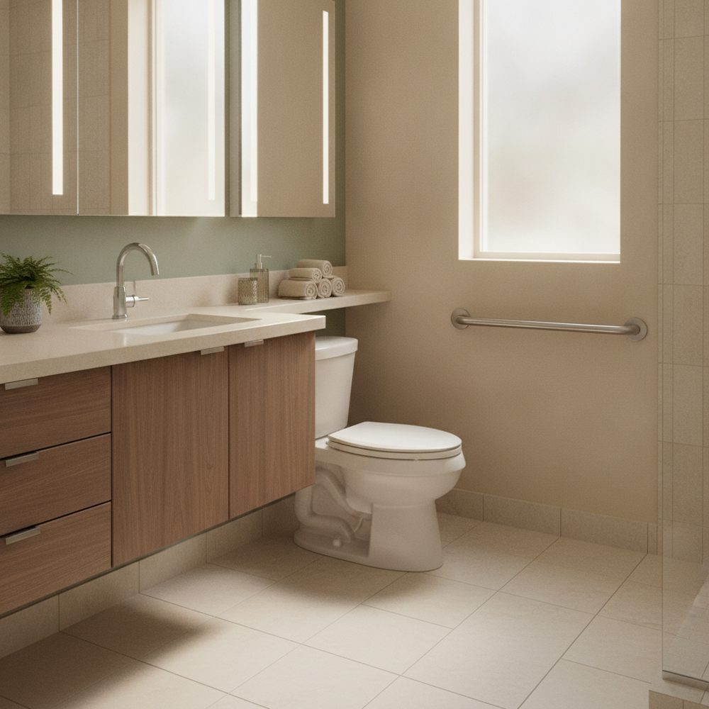 ADA-compliant comfort height toilet with side grab bar and lever faucet installed in a Central Texas home bathroom