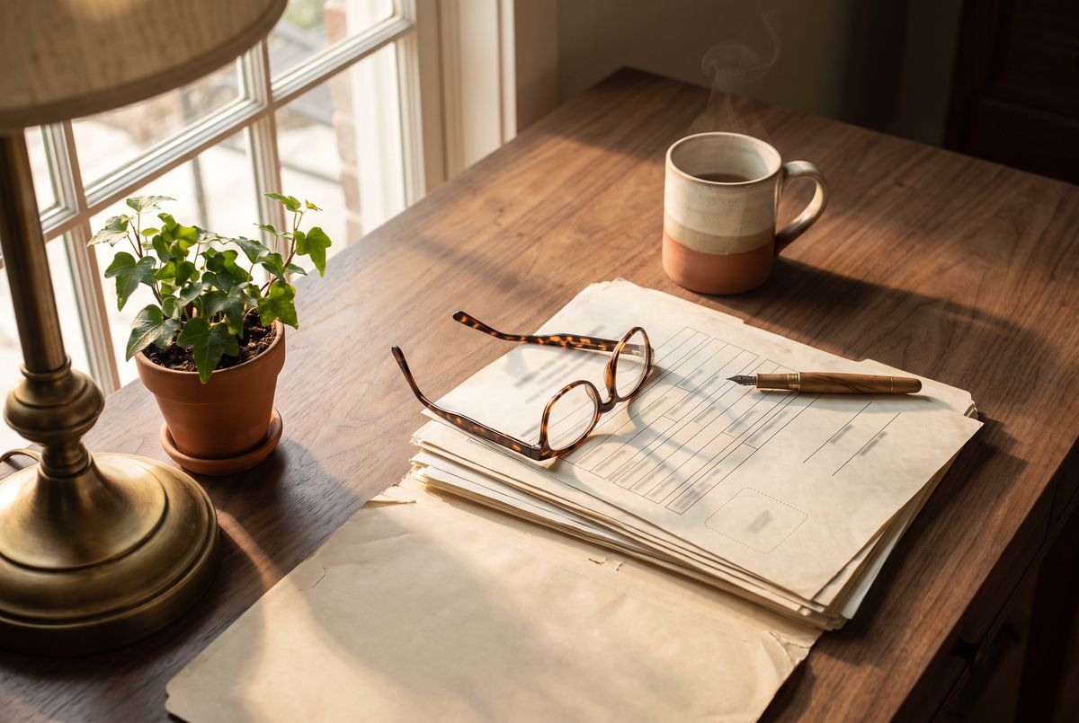 Reading glasses, a pen and a mug of coffee on a stack of program paperwork at a desk