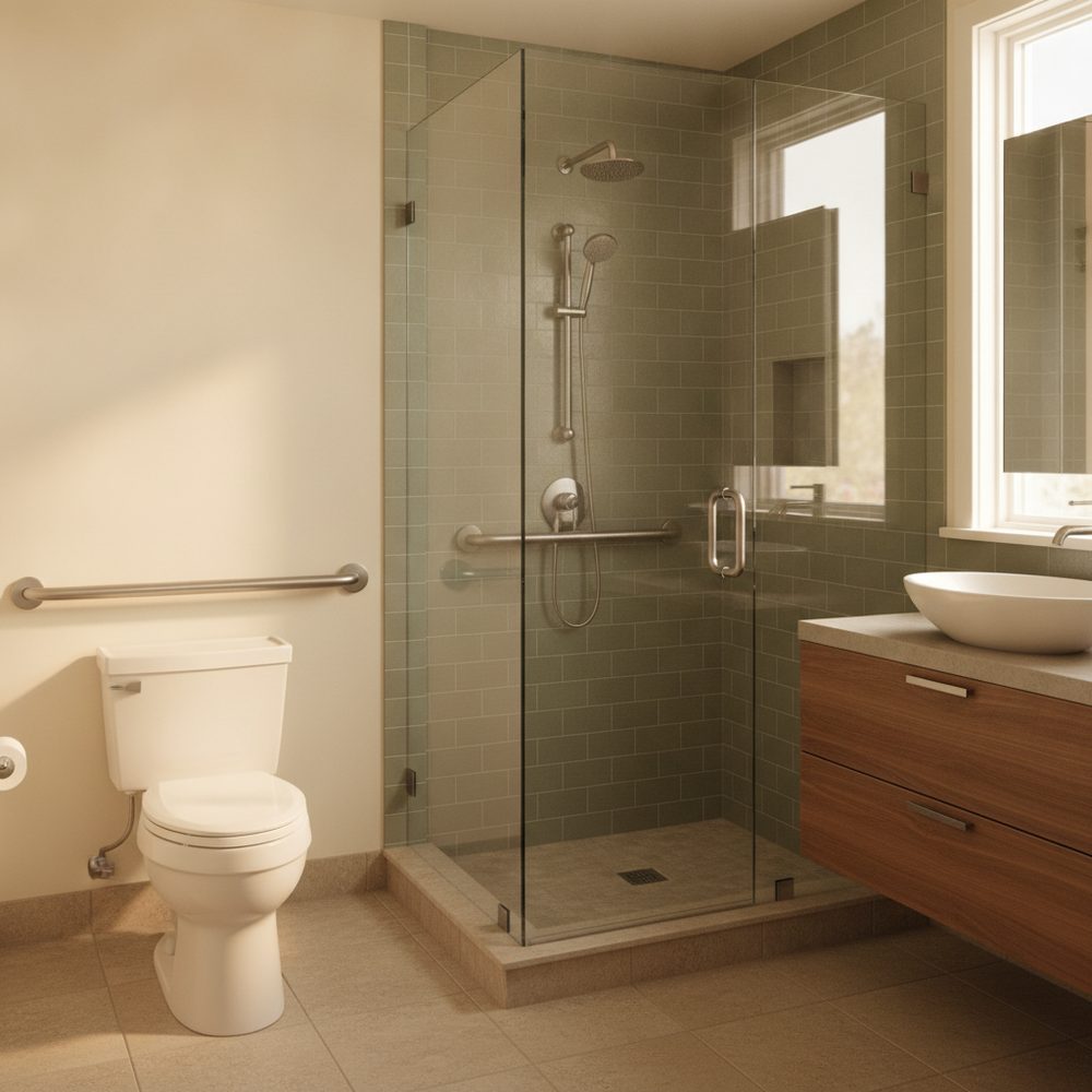 CAPS-certified installer fitting a brushed-nickel grab bar beside a toilet in an Austin-area bathroom — stud-anchored for 250-lb safety rating
