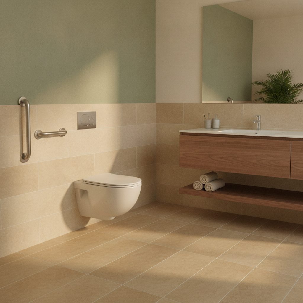 A wall-hung comfort-height ADA toilet with a side grab bar in a clean tiled bathroom
