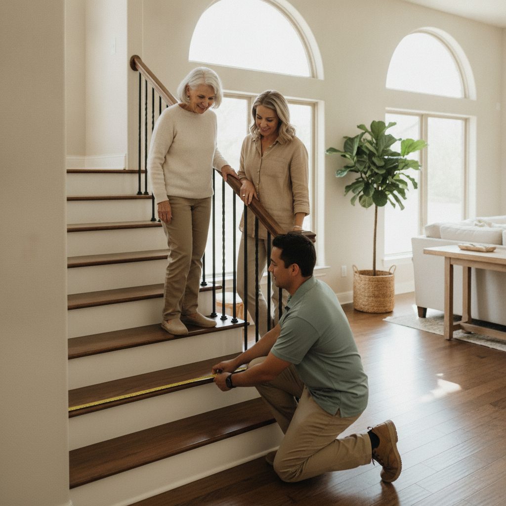 A CAPS-certified specialist measuring a staircase with a homeowner and her daughter during a free in-home assessment