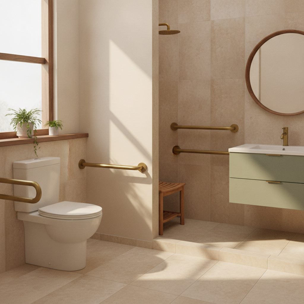 An accessible bathroom with grab bars and a curbless shower — the bathroom is the most common location for senior falls at home