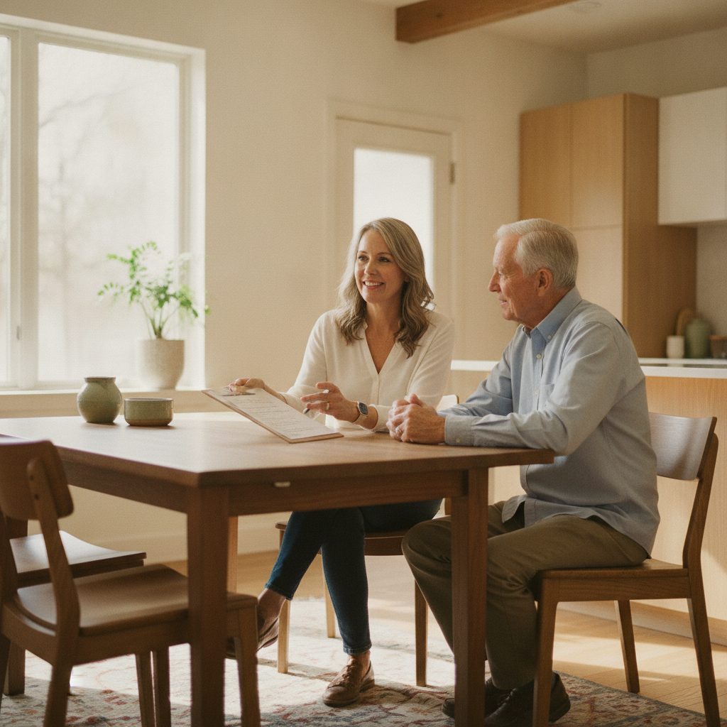 A CAPS-certified specialist reviewing a written home modification cost estimate with a homeowner couple at their kitchen table