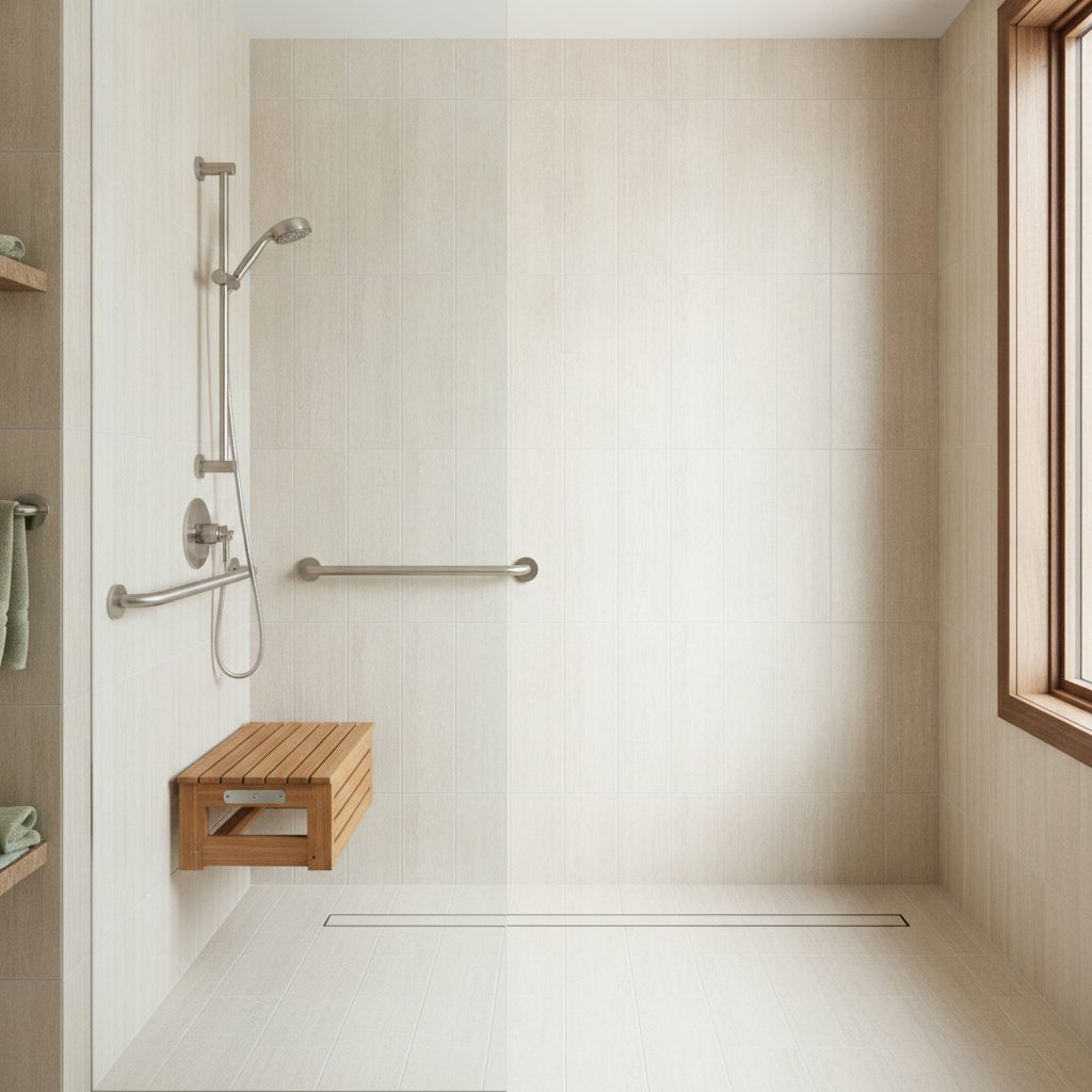 A tiled curbless roll-in shower with a linear drain, fold-down teak bench, handheld showerhead, and grab bars