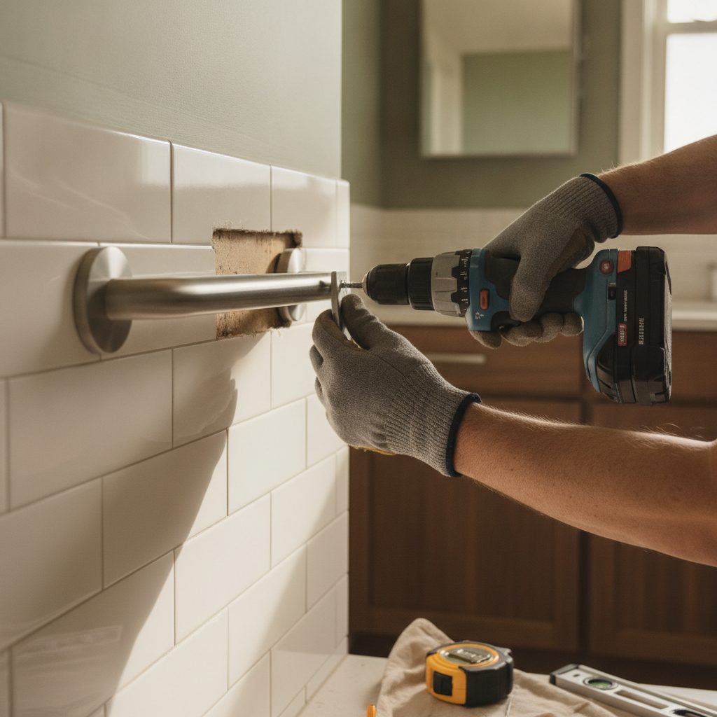 An installer anchoring a stainless grab bar into wall studs behind subway tile, demonstrating correct shower grab bar placement