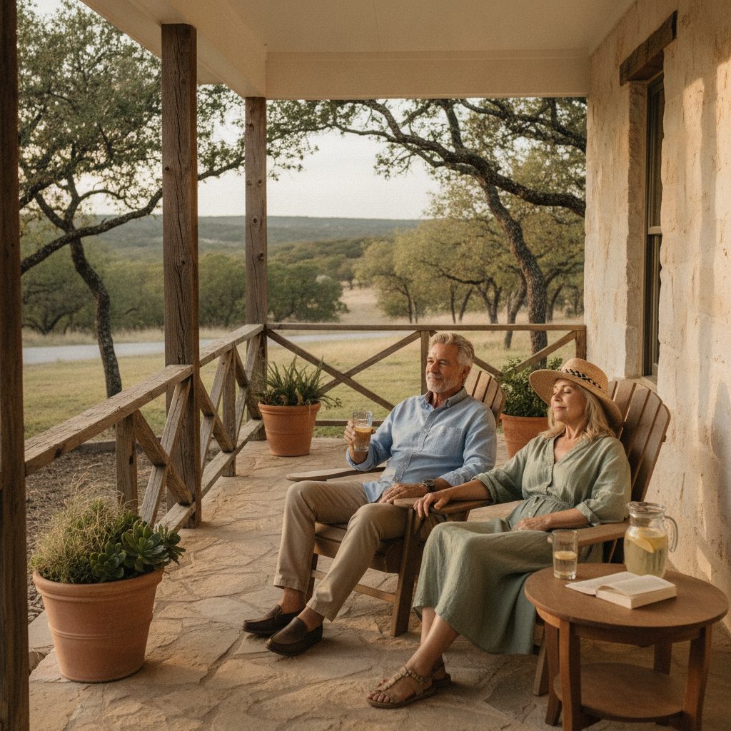 An older couple relaxing on the porch of their single-story Hill Country home, aging in place comfortably