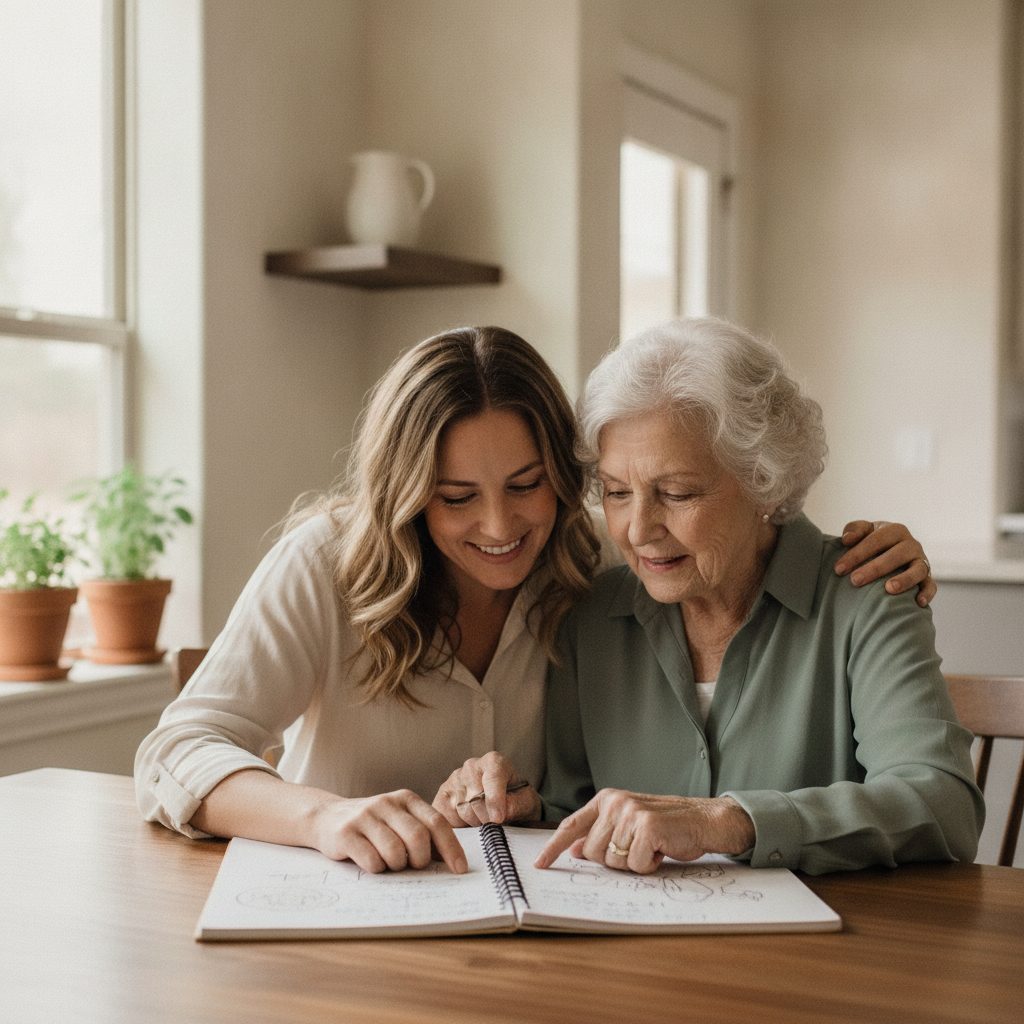 An adult daughter and her elderly mother talking over a notebook at the kitchen table, planning to help her stay home safely