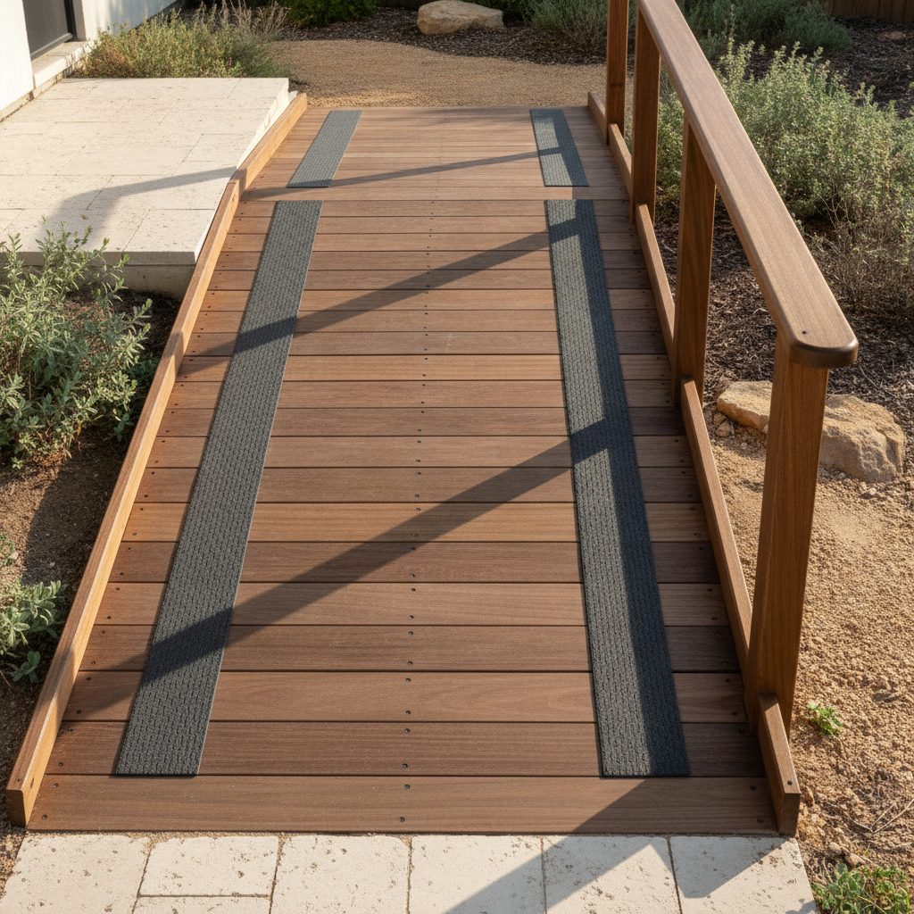 Close-up of a wooden wheelchair ramp with anti-slip tread strips and a graspable round handrail at 36 inches