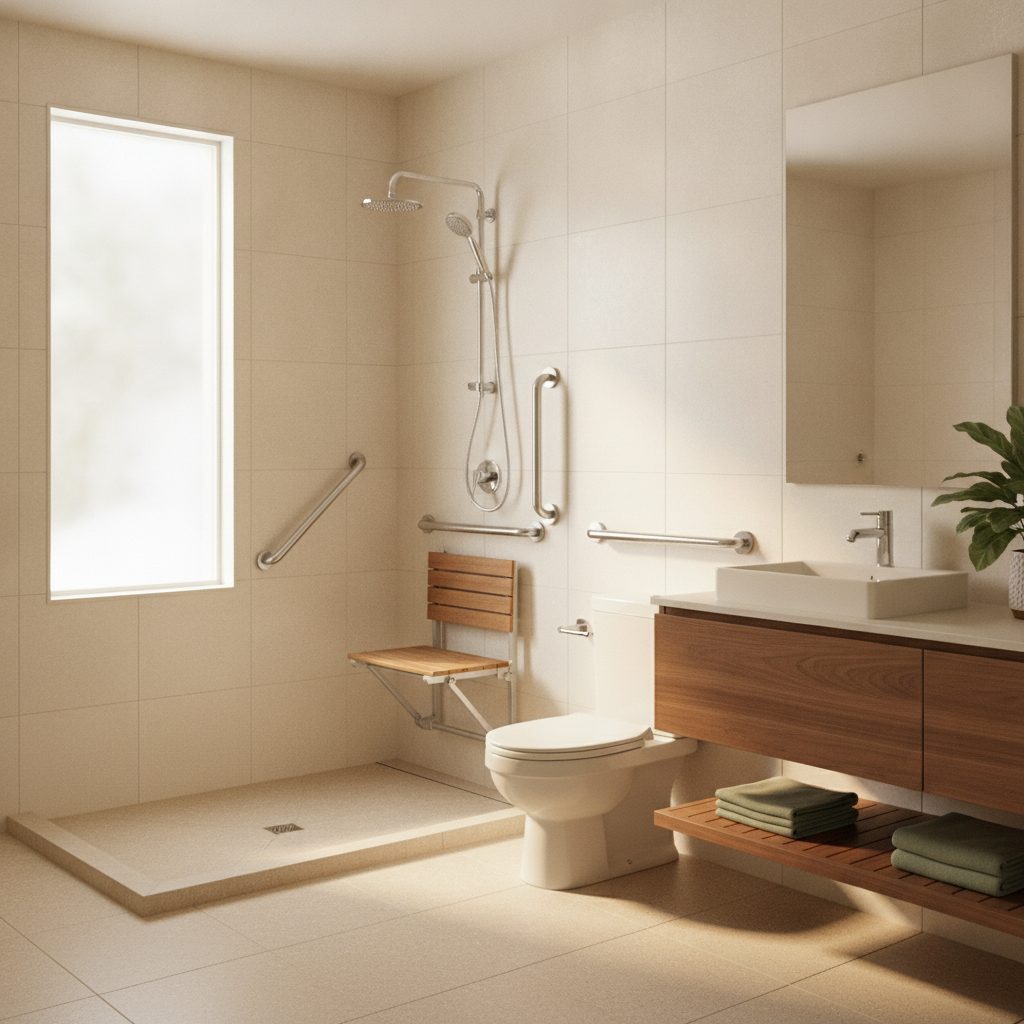 An accessible bathroom with a curbless walk-in shower, fold-down bench, grab bars, and comfort-height toilet