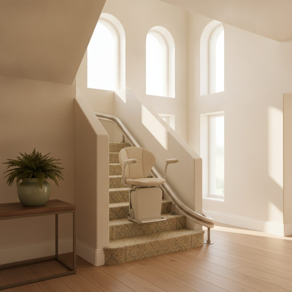 A residential stair lift with a padded seat mounted on a rail along a carpeted staircase