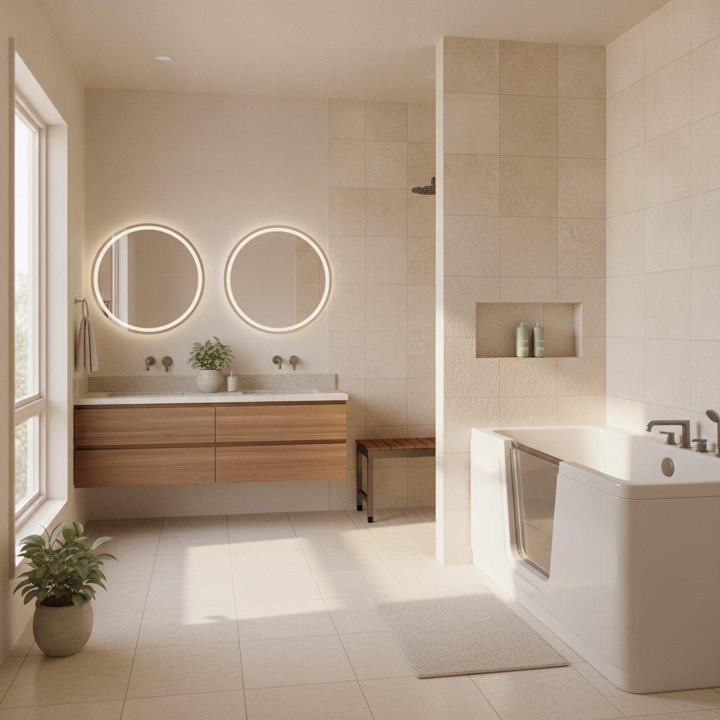 A walk-in tub with a low entry door beside a curbless walk-in shower with a bench in a Central Texas bathroom