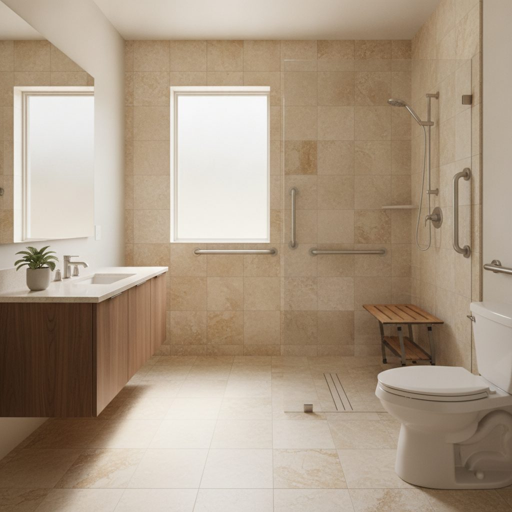 Bright remodeled accessible bathroom in a Central Texas home with a curbless walk-in shower, grab bars, a fold-down bench and a comfort-height toilet