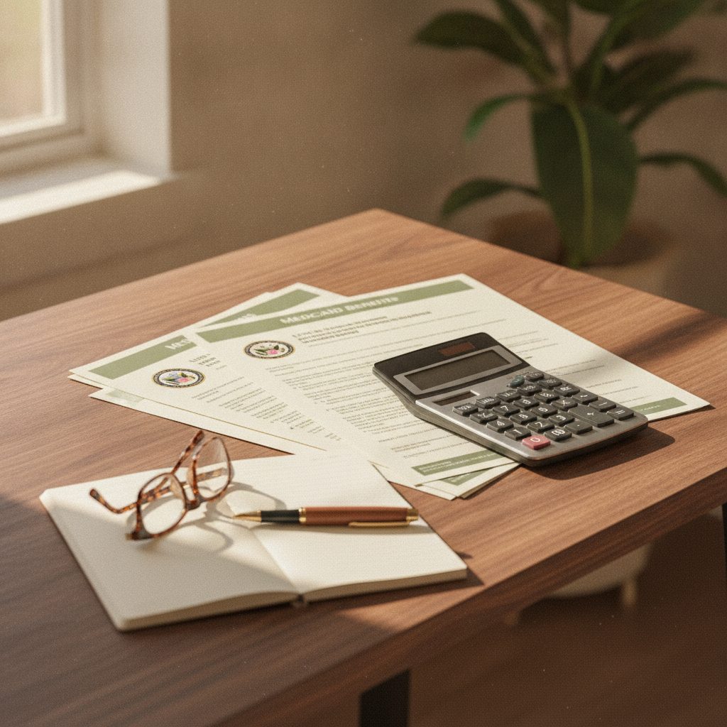VA and Medicaid home-modification funding paperwork, a calculator and reading glasses on a desk