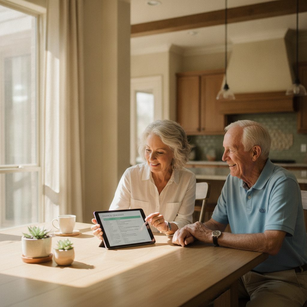 An older couple reviewing their home safety assessment on a tablet at a sunlit kitchen table in a Central Texas home
