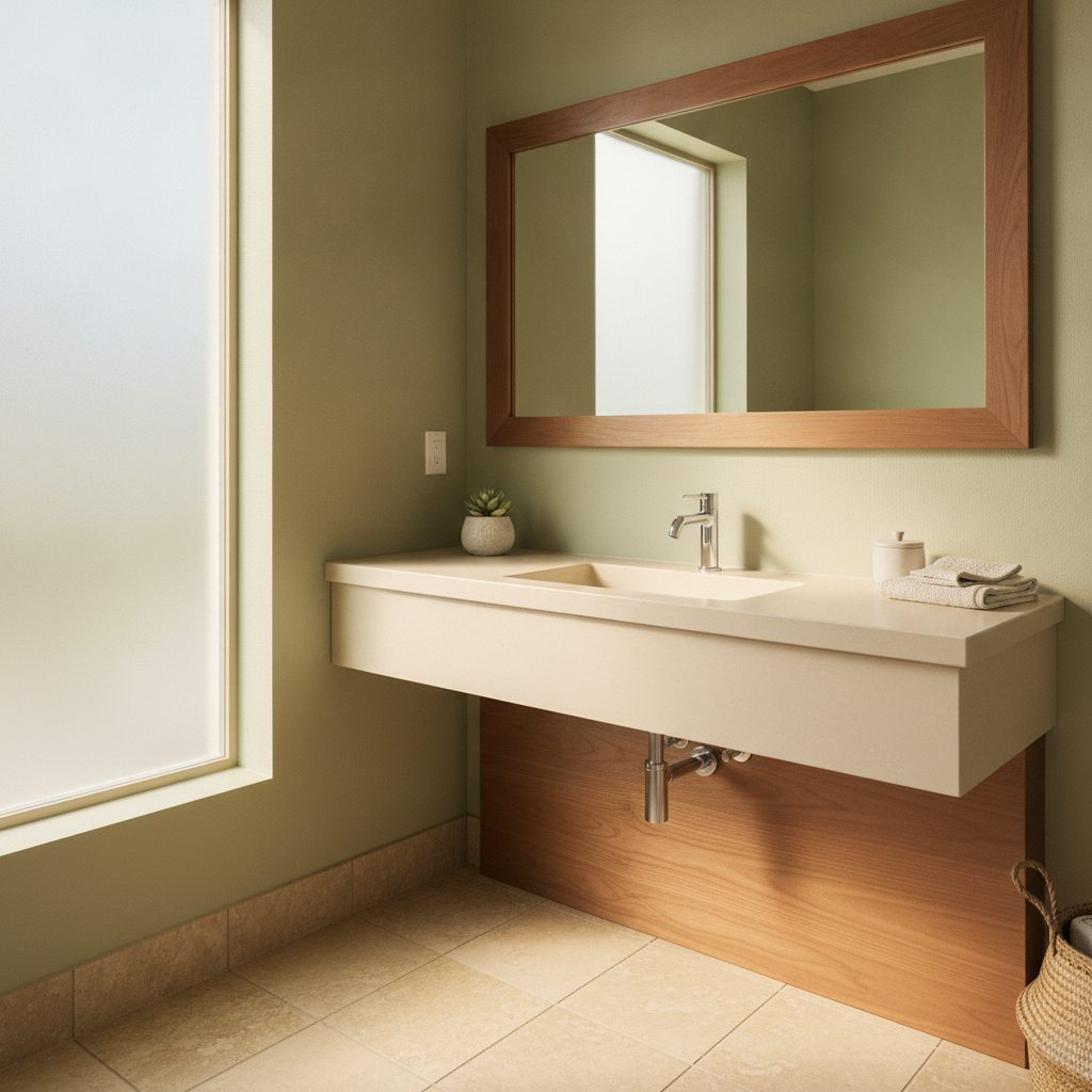 An accessible bathroom vanity in a completed aging-in-place accessibility project — representative of our work in Dripping Springs, TX.
