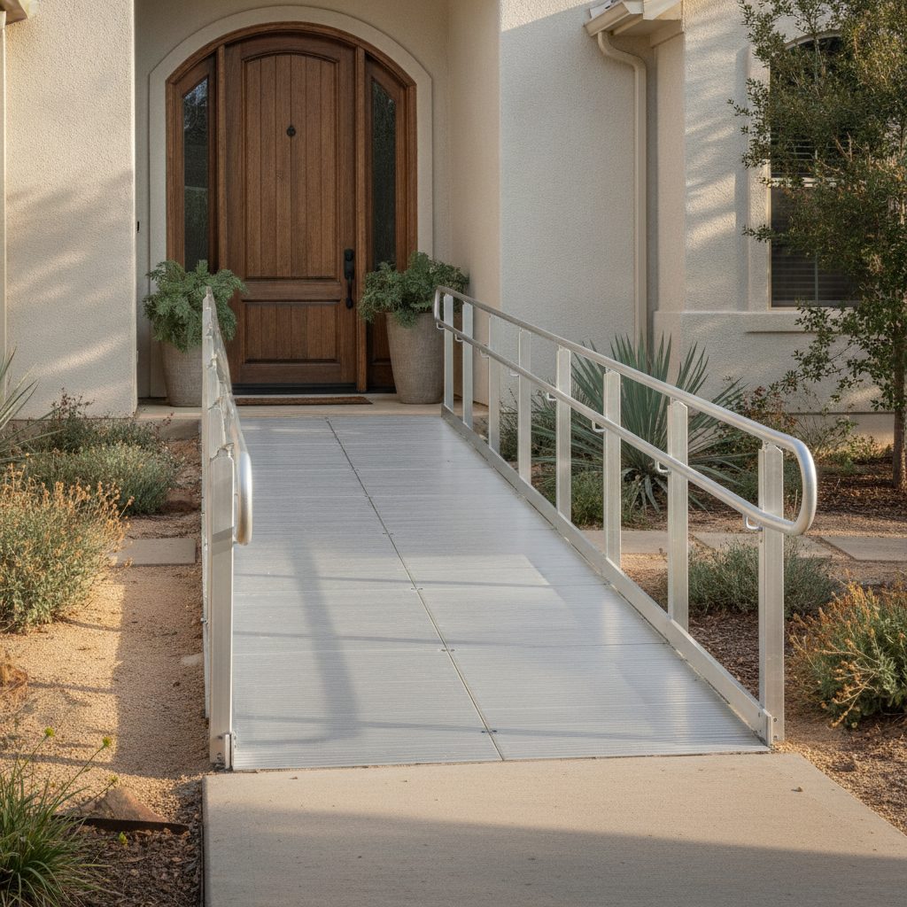 A modular aluminum wheelchair ramp in a completed aging-in-place accessibility project — representative of our work in Marble Falls & Horseshoe Bay, TX.