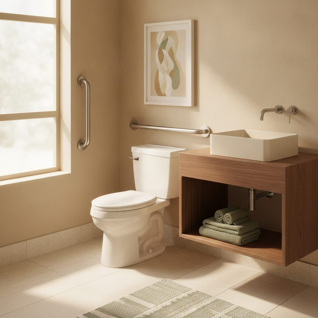 A comfort-height toilet and accessible bath in a completed aging-in-place accessibility project — representative of our work in Georgetown & Sun City, TX.