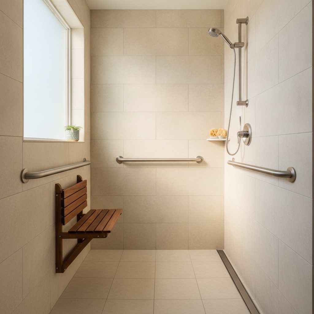 A curbless walk-in shower in a completed aging-in-place accessibility project — representative of our work in Austin, TX.