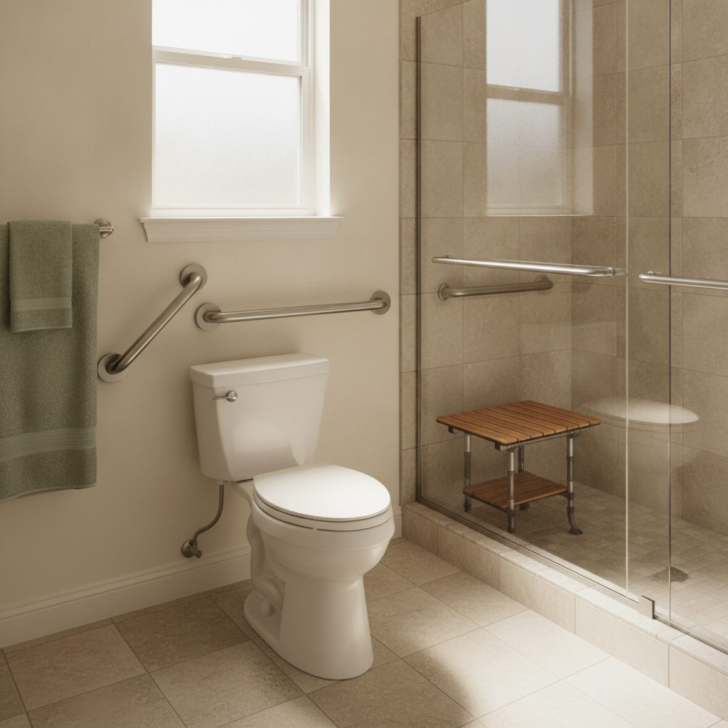 Grab bars and bathroom safety in a completed aging-in-place accessibility project — representative of our work in Austin, TX.