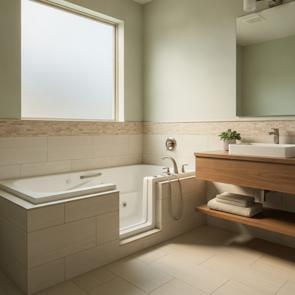 A walk-in tub in a completed aging-in-place accessibility project — representative of our work in New Braunfels, TX.