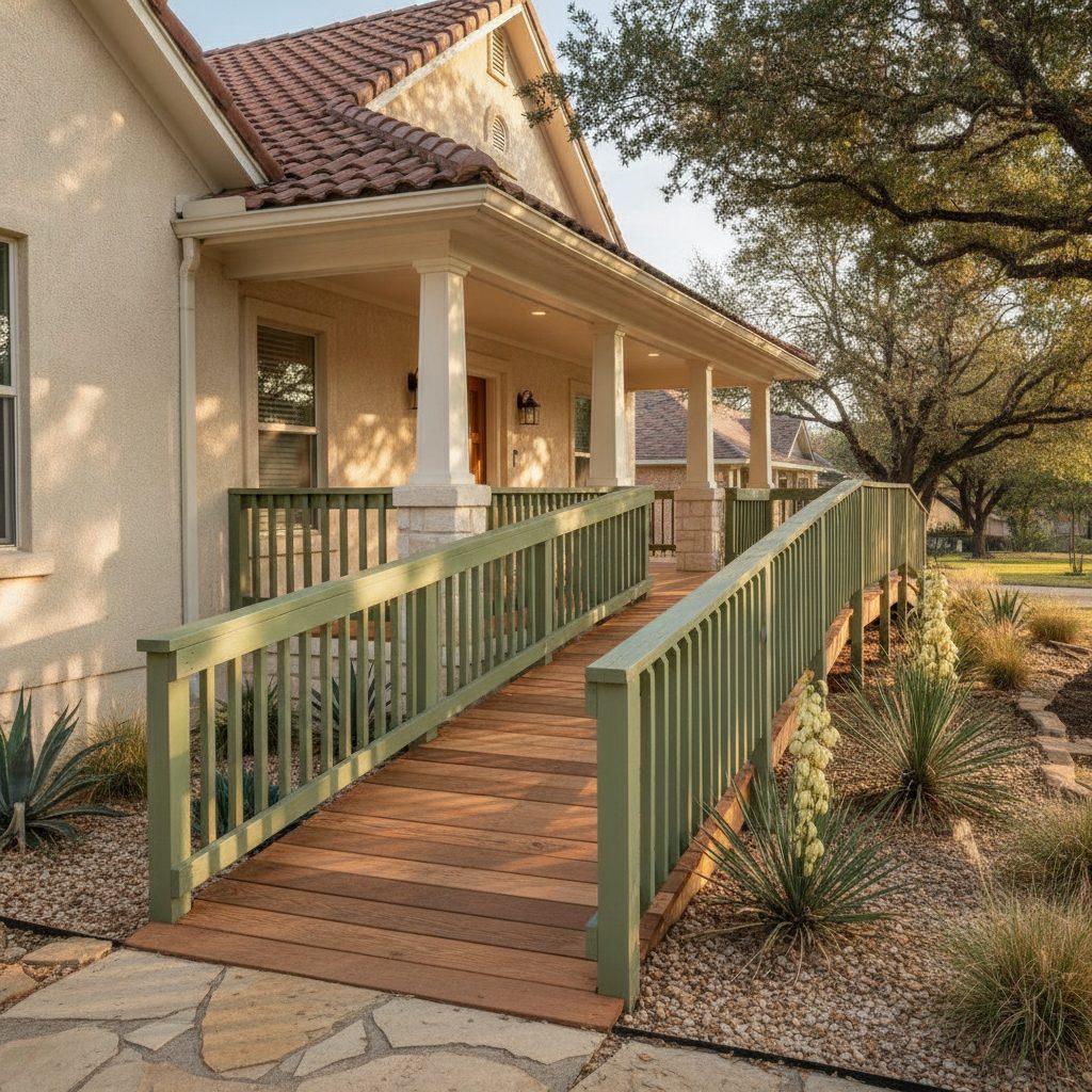 A custom wood wheelchair ramp for hilly lots in a completed aging-in-place accessibility project — representative of our work in Wimberley, TX.
