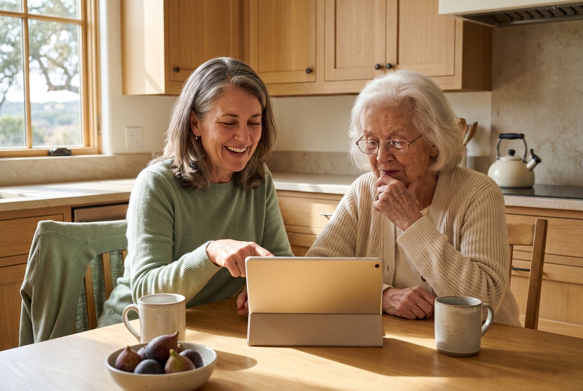 A daughter and her mother reading a visit report together on a tablet at the kitchen table