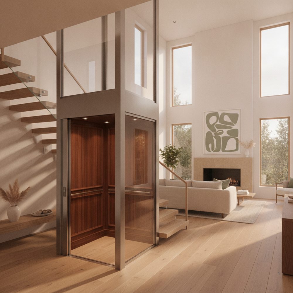 Compact residential elevator with wood-panel cab and glass door installed in a Central Texas multi-level home — CAPS-certified installation by Live Oak Home Access