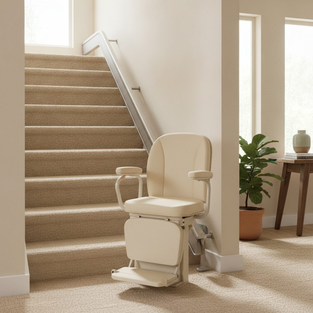 CAPS-certified installer securing a straight stairlift rail to stair treads in a Central Texas home, with protective floor covering visible