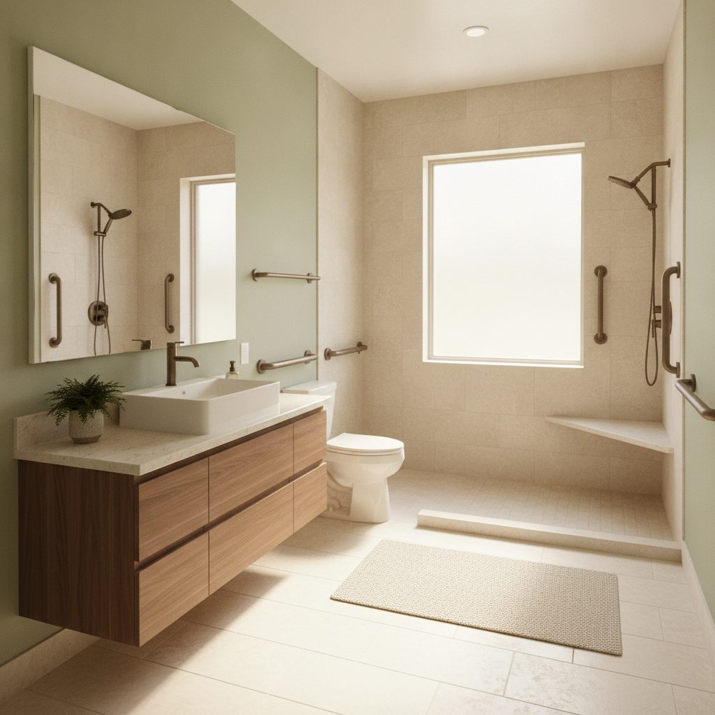 A finished ADA accessible bathroom remodel with a curbless shower, comfort-height vanity, and grab bars in a Central Texas home