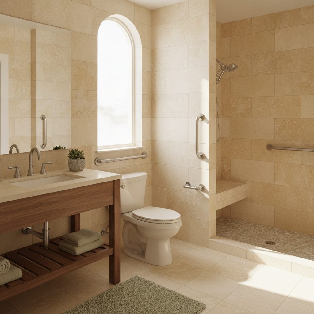 A finished accessible bathroom with limestone tile, a comfort-height toilet with grab bar, and a lever faucet in a Hill Country home