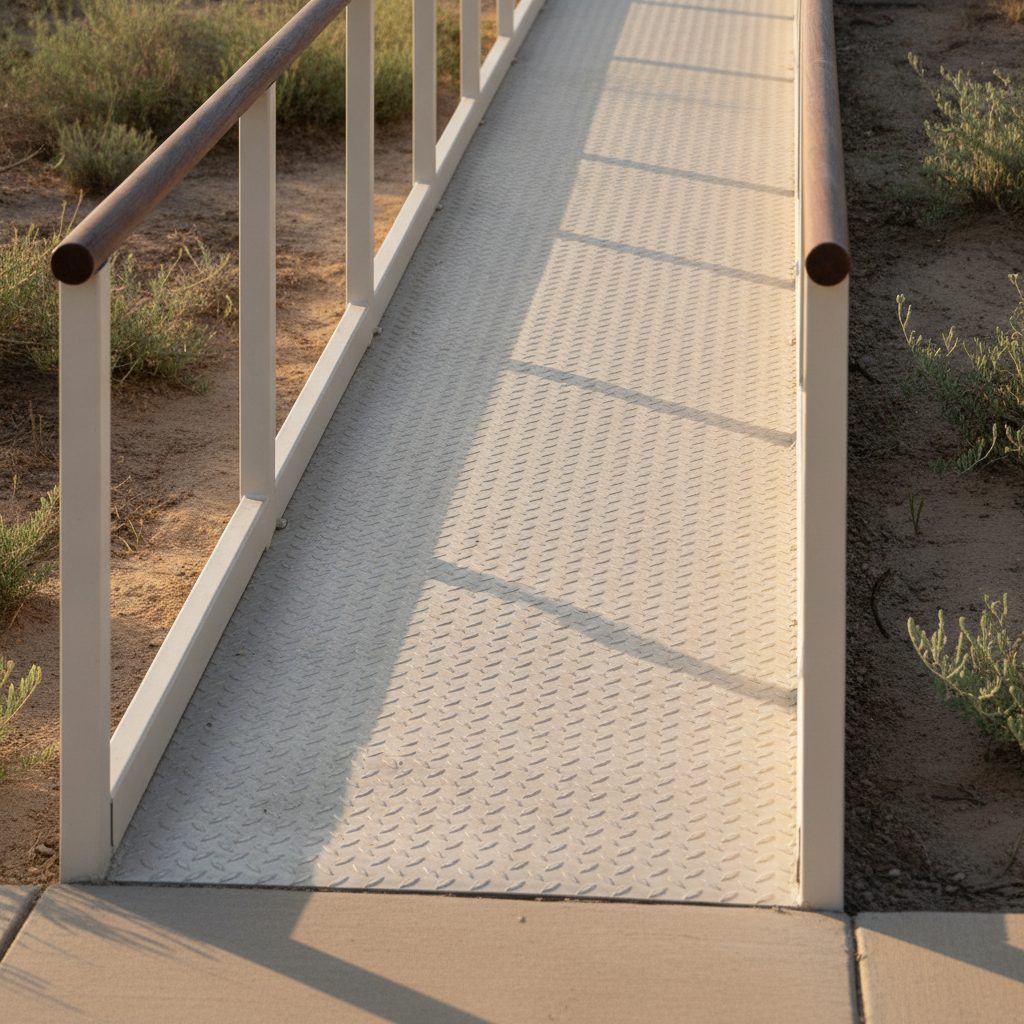 Close-up of a modular aluminum wheelchair ramp's non-slip surface and graspable handrail