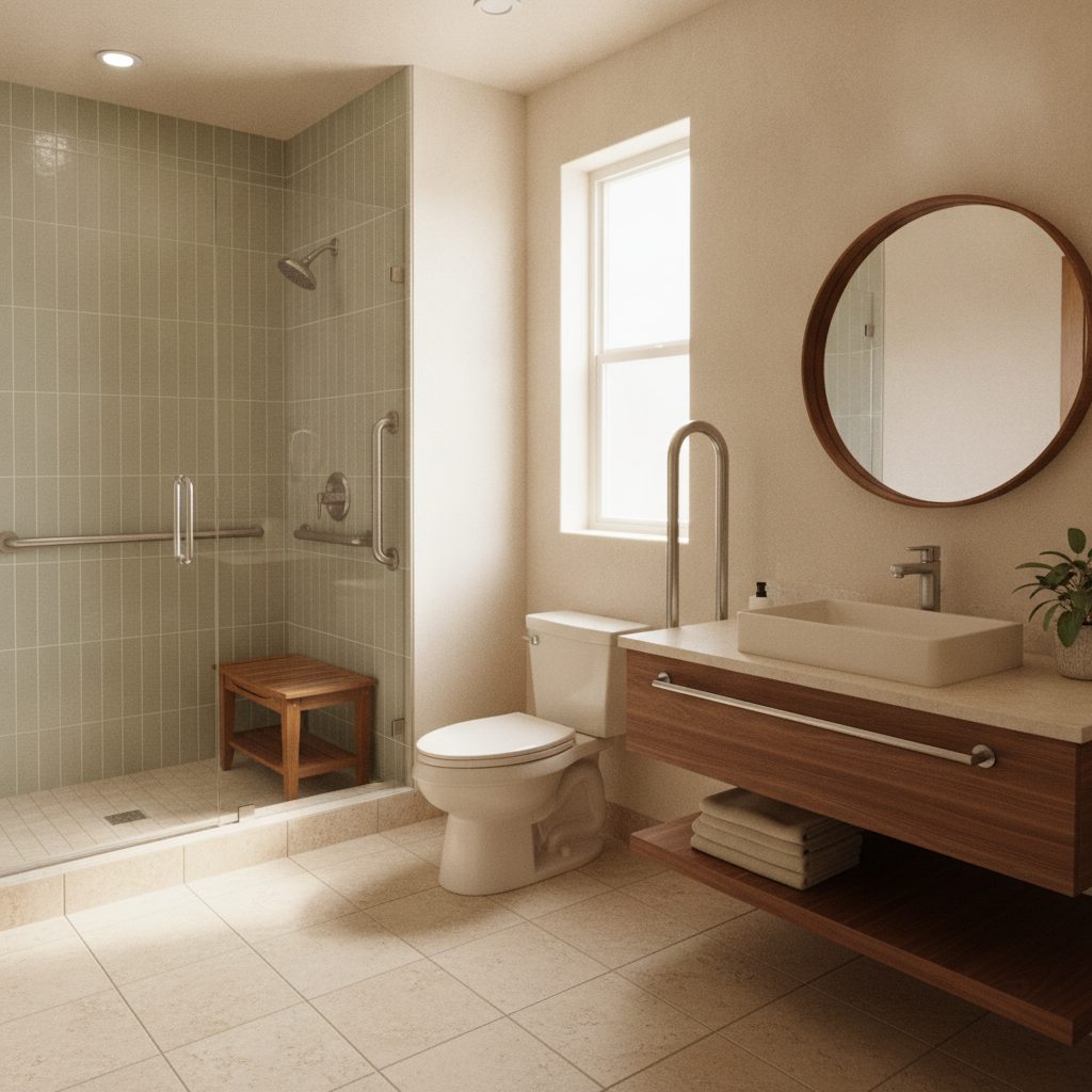 A completed accessible bathroom with a curbless roll-in shower, grab bars, and a comfort-height toilet