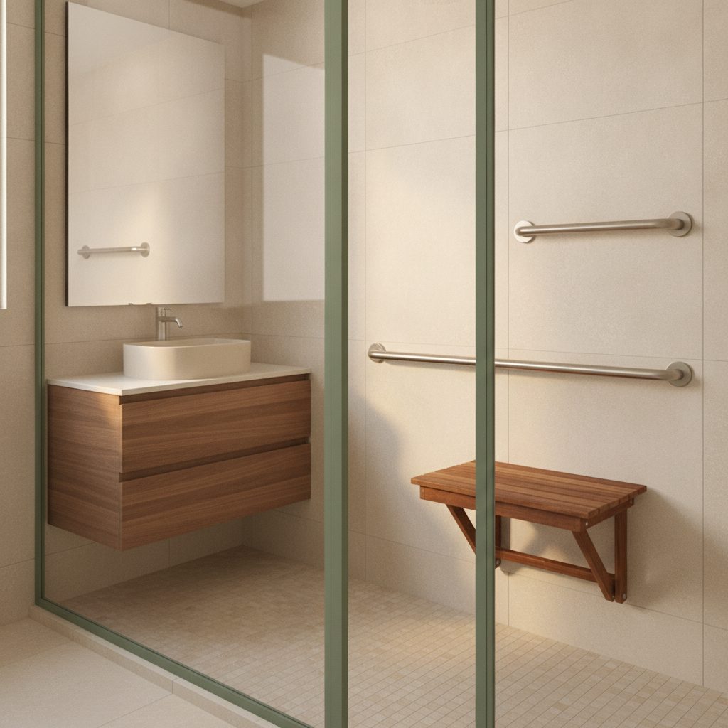 A completed bathroom safety project with two stainless grab bars and a fold-down bench in a tiled shower