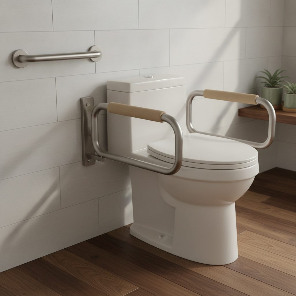 A comfort-height toilet with a brushed-nickel safety frame with padded armrests and a wall grab bar