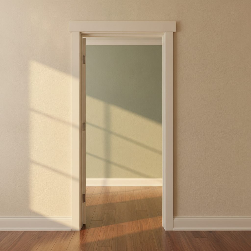 A widened 36-inch accessible interior doorway with a flush threshold for wheelchairs and walkers