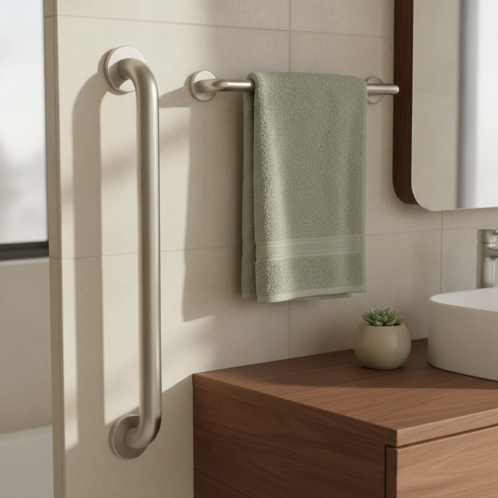 A brushed-nickel grab bar mounted beside a matching towel bar, blending into the bathroom decor