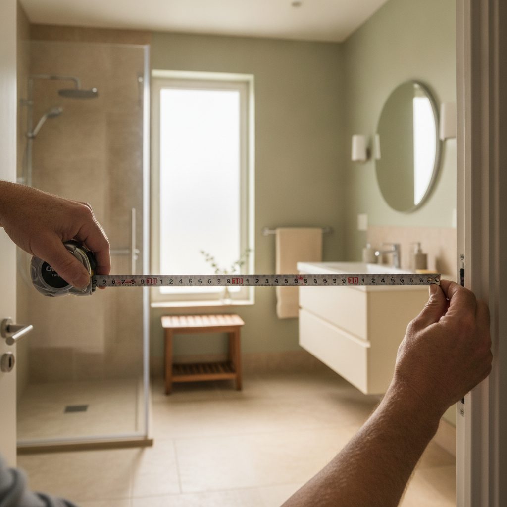 A specialist measuring a bathroom doorway width with a tape measure during a whole-home accessibility assessment