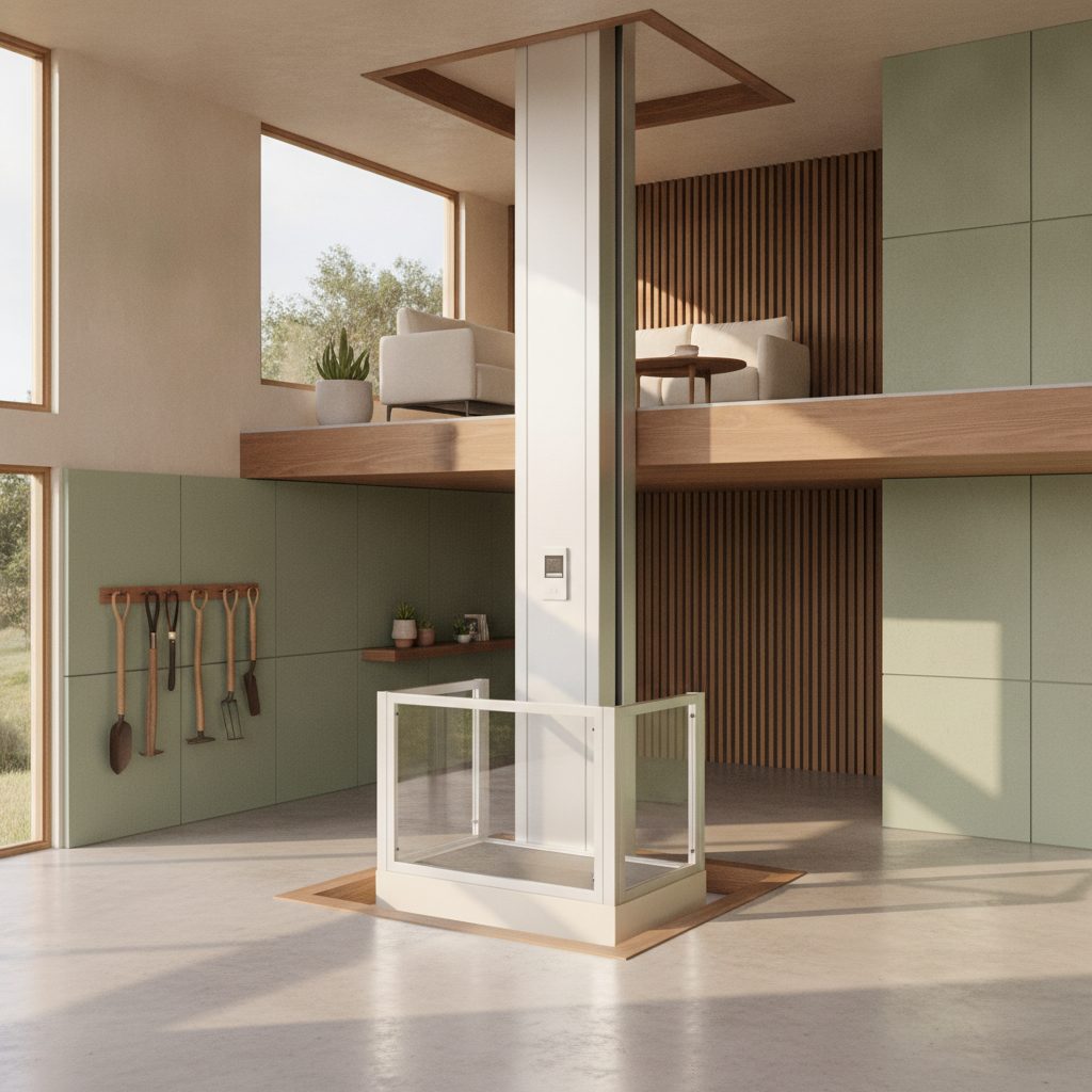 A vertical platform lift installed in a hillside home garage, serving two levels