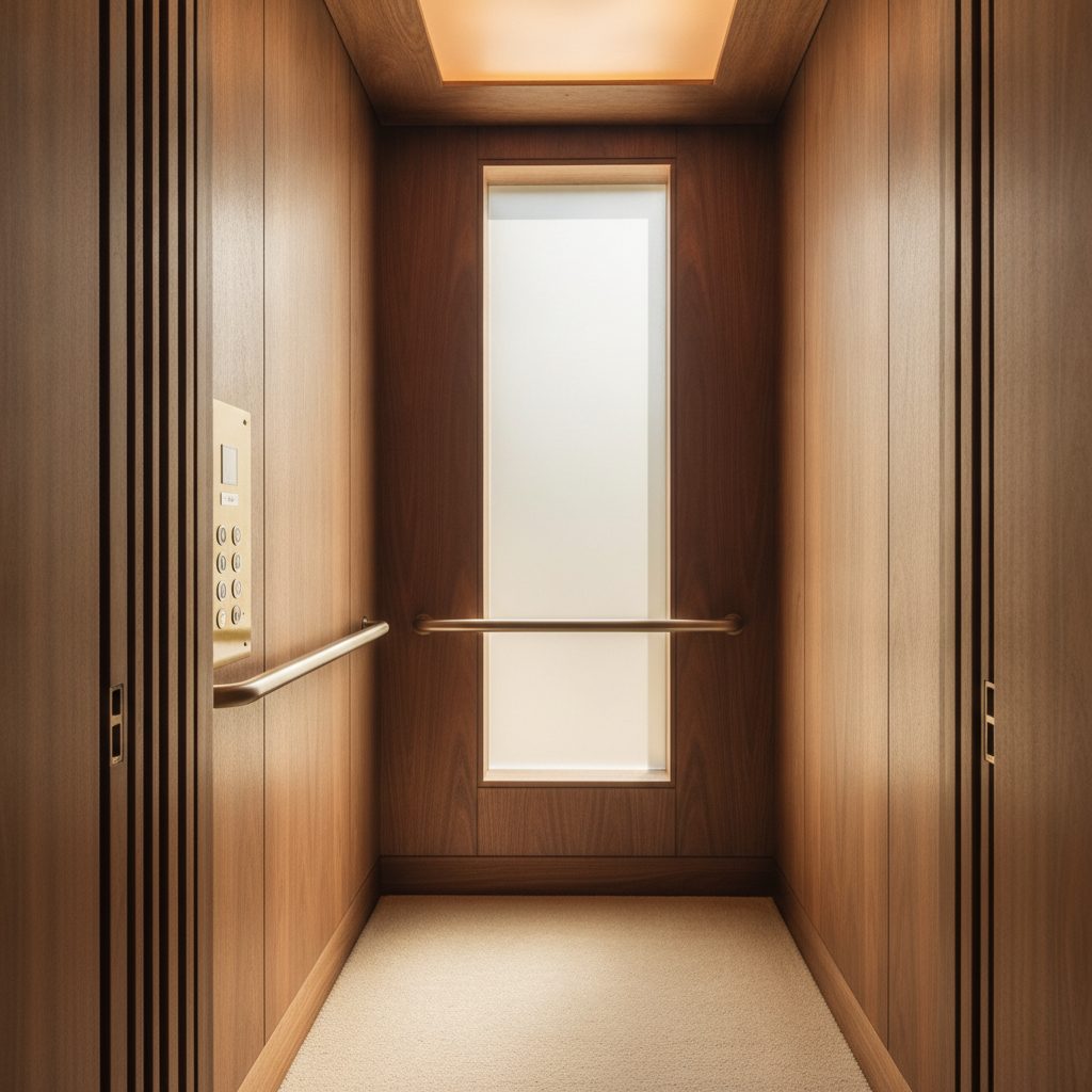 The interior of a compact residential elevator cab with a wood-grain panel and handrail in an Austin-area home