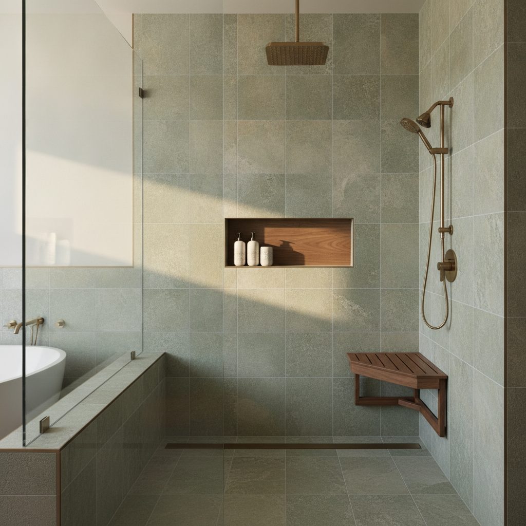 A completed roll-in shower with slate-look porcelain tile, a linear drain, and a fold-down bench in a Hill Country home